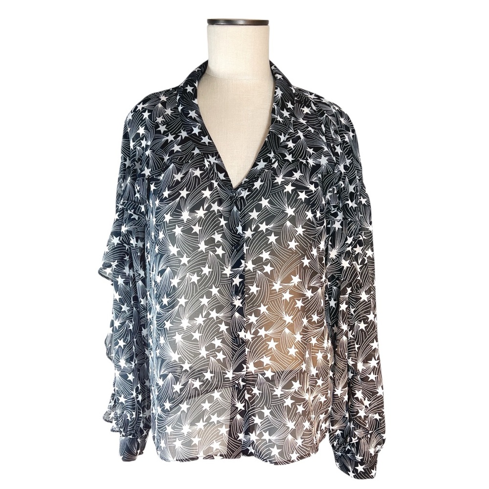 Topshop Sheer Star Ruffle Blouse Size 6 Black and‎ White Rodeo Cowgirl Ce…